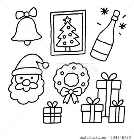 Christmas bell, Santa, wreath, gift, tree, and champagne line art for festive coloring Christmas bell, Santa, wreath, gift, tree, and champagne line art for festive coloring 134246720
