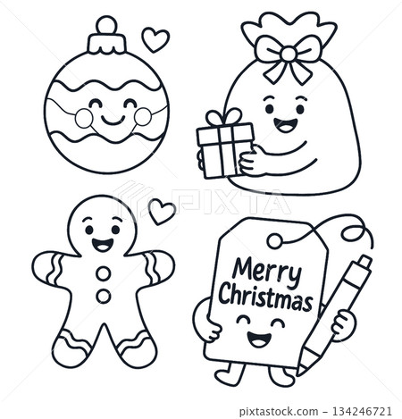Christmas ornament, gift bag, gingerbread cookie, and festive tag with happy faces Christmas ornament, gift bag, gingerbread cookie, and festive tag with happy faces 134246721