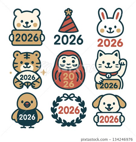Cute New Year 2026 animal icons and festive symbols with cheerful style 134246976