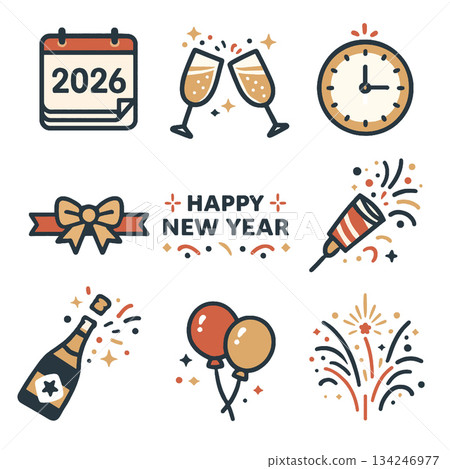Happy new year celebration with champagne glasses and fireworks Happy new year celebration with champagne glasses and fireworks 134246977