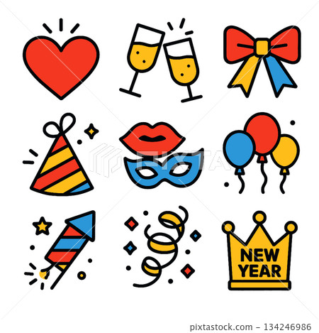 New year celebration icons with party hat, champagne and confetti cheerfully New year celebration icons with party hat, champagne and confetti cheerfully 134246986