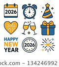 Happy New Year 2026 celebration icons with party hat, champagne and gift 134246992