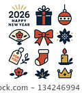 2026 happy new year gift icons with festive bow, ornament and candle 134246994