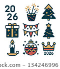 Festive holiday icons for 2026 celebration with trees, gifts and decorations 134246996