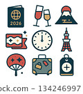 Passport and luggage icons for 2026 travel celebration with clock and champagne 134246997