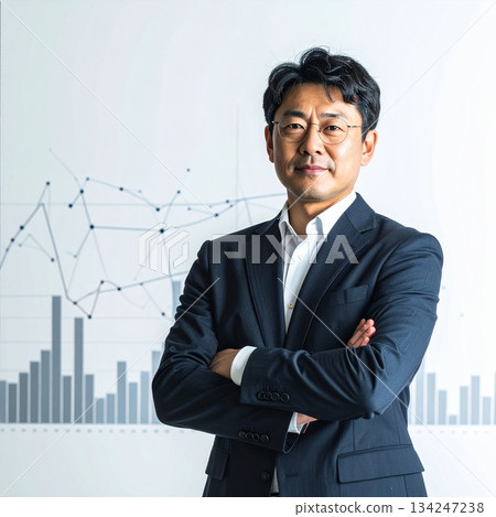 A Japanese man symbolizing modern finance. Advertising visual with asymmetrical composition. 134247238