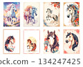 Horse hand-drawn New Year's card illustration set Horse hand-drawn New Year's card illustration set 134247425