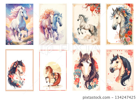 Horse hand-drawn New Year's card illustration set Horse hand-drawn New Year's card illustration set 134247425
