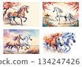 Horse hand-drawn New Year's card illustration set Horse hand-drawn New Year's card illustration set 134247426