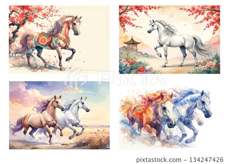 Horse hand-drawn New Year's card illustration set Horse hand-drawn New Year's card illustration set 134247426