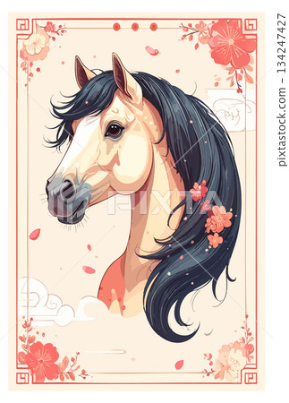 Horse hand-drawn New Year's card illustration set Horse hand-drawn New Year's card illustration set 134247427