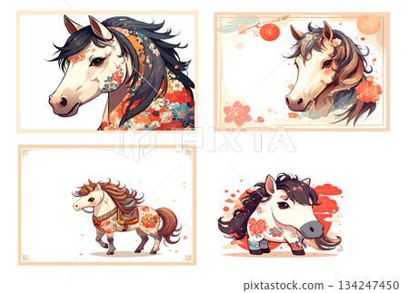Horse hand-drawn New Year's card illustration set Horse hand-drawn New Year's card illustration set 134247450