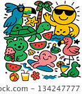 Smiling sun parrot turtle watermelon flamingo octopus palm tree summer beach fun 134247777