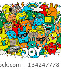 Joyful doodle art with colorful cartoon characters, rainbow, clouds, and playful expressions 134247778