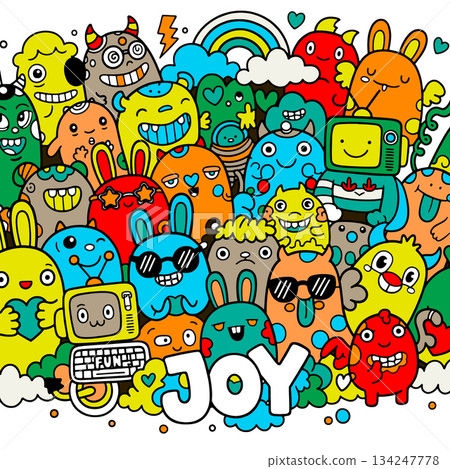 Joyful doodle art with colorful cartoon characters, rainbow, clouds, and playful expressions 134247778