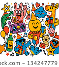 Party animal doodle cartoon character gift balloon hat music happy celebration 134247779