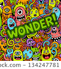 Wonderful colorful doodle monster pattern, playful cartoon creatures, vibrant and cheerful 134247781