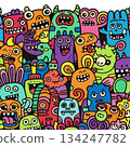 Colorful monster doodle, cartoon creatures, happy, playful, hand drawn, seamless pattern 134247782