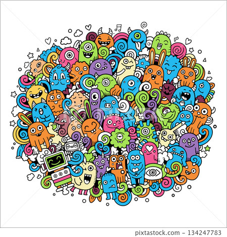 Colorful doodle monster cartoon, happy creatures, hand drawn, playful, whimsical, fun, joyful 134247783