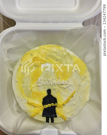 Mini bento cake with smooth frosted surface and delicate decorations, showcasing soft layers, vibrant colors, and charming detailed presentation in close-up view 134247799