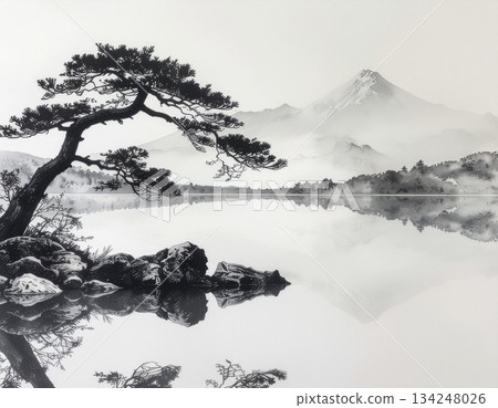 日式紙張背景，墨跡暈染自然，更添優雅——這種用途廣泛的平面材料在新年賀卡、日本產品和各種儀式中都格外引人注目。 134248026