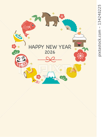 2026年新年賀卡 - 馬和幸運符插圖模板 134248225