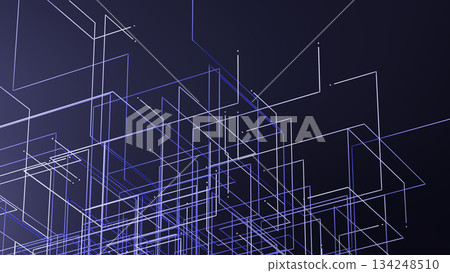 Minimal technology 3d render background with layered mesh, data points and rectangles in blue tones 134248510