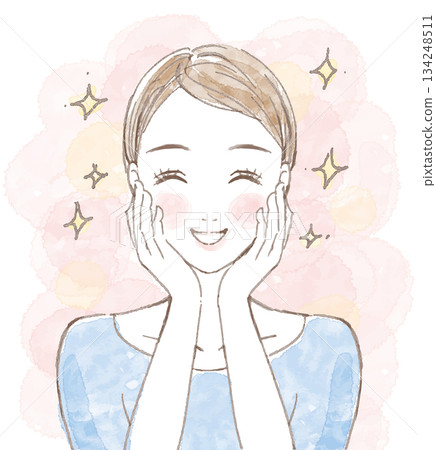 一位面帶微笑的女子,劉海札了起來,雙手捧著臉頰。 一位面帶微笑的女子,劉海札了起來,雙手捧著臉頰。 134248511