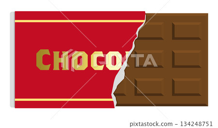 Illustration of a chocolate bar. Half-torn wrapper and chocolate. 134248751