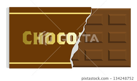 Illustration of a chocolate bar. Half-torn wrapper and chocolate. 134248752