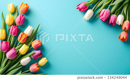Colorful tulips and a stethoscope on a blue background, symbolizing National Nurses Day and healthcare appreciation 134249044