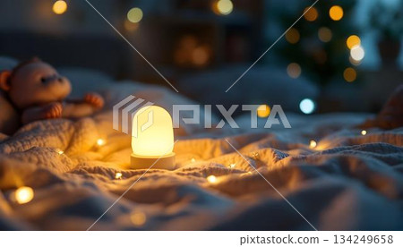A teddy bear rests on a bed next to a light bulb, evoking a warm family atmosphere in a cheerful baby room 134249658
