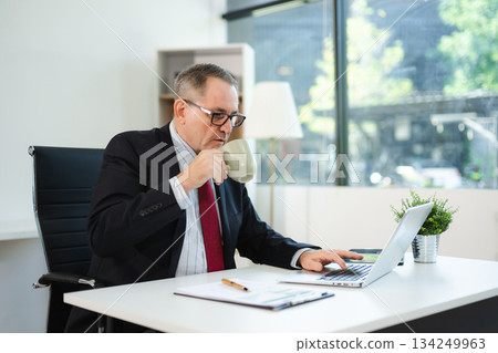 Mature business man executive manager looking at laptop watching online webinar training or having virtual working in office. 134249963