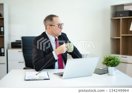 Mature business man executive manager looking at laptop watching online webinar training or having virtual working in office. 134249964