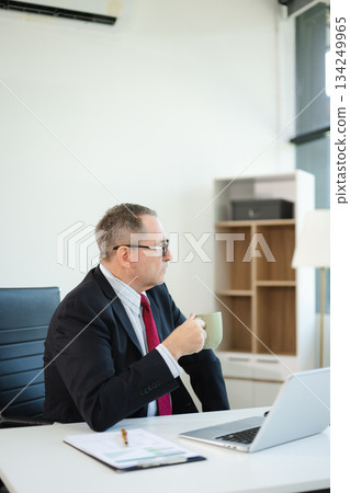 Mature business man executive manager looking at laptop watching online webinar training or having virtual working in office. 134249965