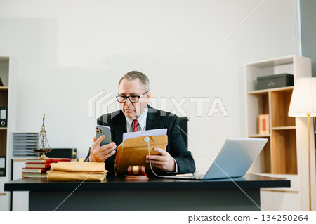 Male judge in courtroom, lawyer working in office. Perfect for business, legal advice, corporate law, and professional consulting themes. Male judge in courtroom, lawyer working in office. Perfect for business, legal advice, corporate law, and professional consulting themes. 134250264
