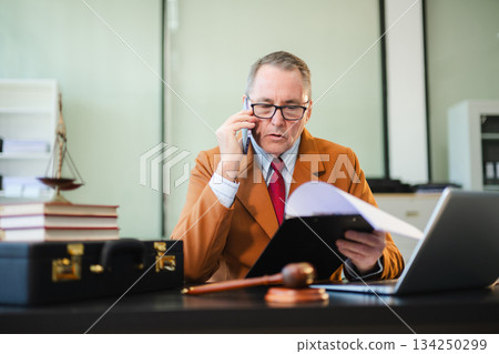 Professional male lawyers consulting on legal cases in a modern office. Perfect for law, business, justice, legal advice, corporate attorneys 134250299