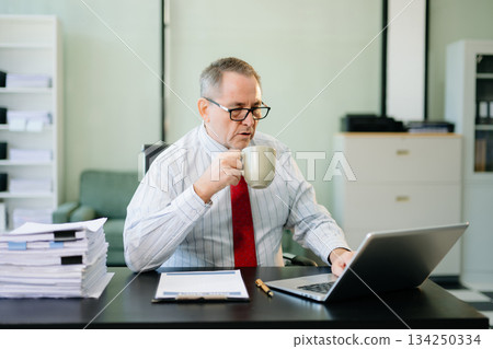 Frustrated Mature Businessmann working on a laptop computer sitting at his working place Frustrated Mature Businessmann working on a laptop computer sitting at his working place 134250334