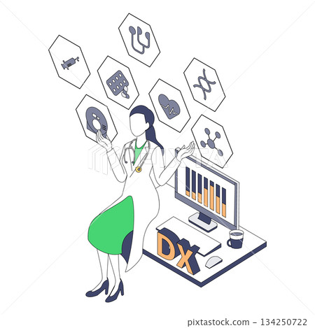 Isometric illustration of a female doctor handling medical DX data 134250722