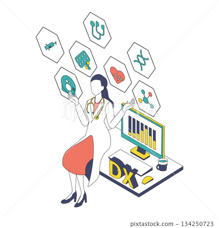 Isometric illustration of a female doctor handling medical DX data (Color variation) 134250723