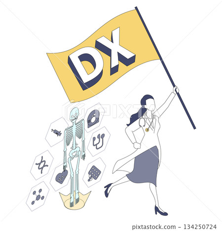 Isometric illustration of a female doctor holding a medical DX flag Isometric illustration of a female doctor holding a medical DX flag 134250724