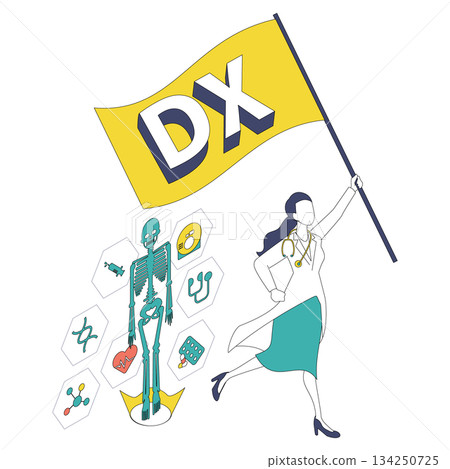 Isometric illustration of a female doctor holding a flag for medical digital transformation (Color variation) Isometric illustration of a female doctor holding a flag for medical digital transformation (Color variation) 134250725