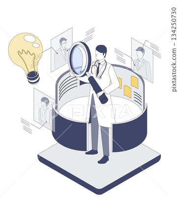Isometric illustration of a male doctor investigating medical DX information 134250730