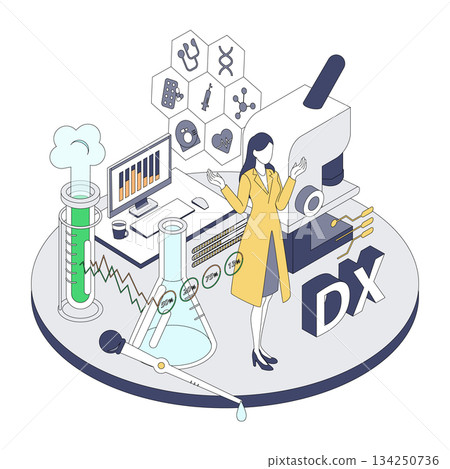 以等距視角描繪了一位女醫師處理醫療數位轉型和研究數據的情況 134250736