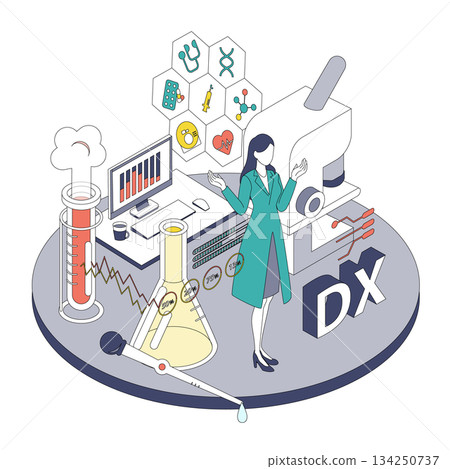 Isometric illustration of a female doctor handling medical digital transformation and research data (Color variation) 134250737