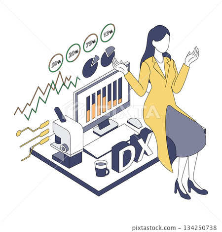 Isometric illustration of a female doctor analyzing medical DX data 134250738