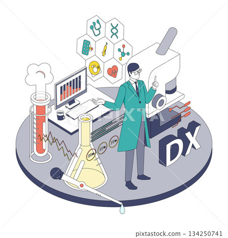 男性醫生處理醫療數位轉型和研究數據的等距插圖（顏色變化） 134250741