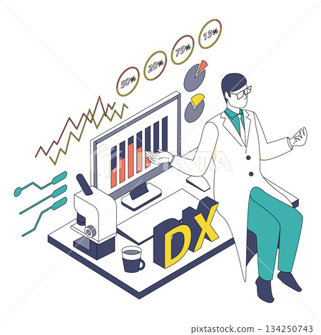 男性醫師分析醫學診斷數據的等距插圖(顏色變化) 男性醫師分析醫學診斷數據的等距插圖(顏色變化) 134250743