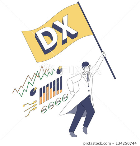 等距視角插圖，描繪了一位男醫師手持診斷旗奔跑的場景。 134250744