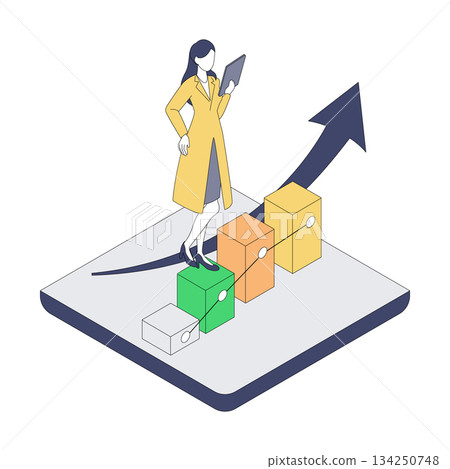 等距插圖，描繪了一位女醫師分析醫療數位轉型結果的場景。 134250748